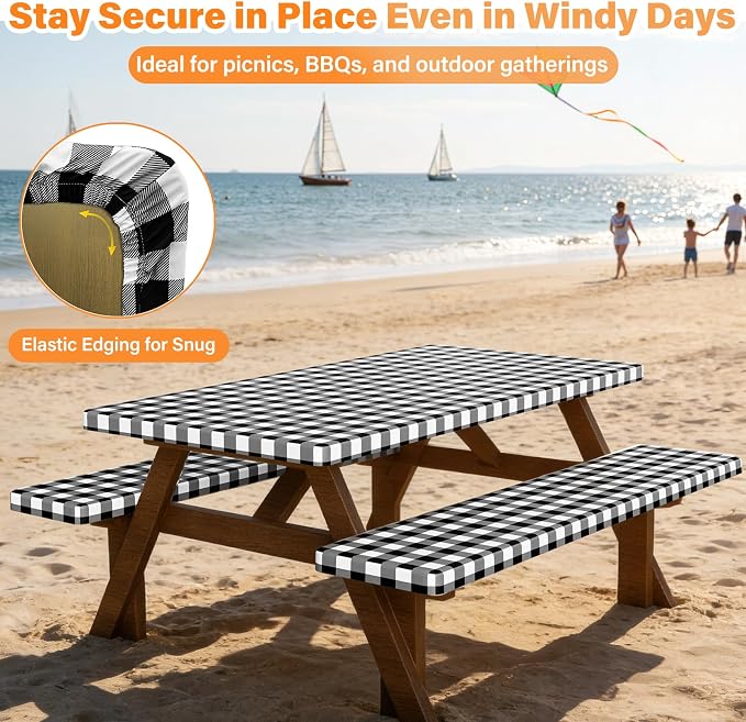 HappyTrends Fitted Picnic Table Cover with Bench Covers - 6FT Dual Layer Waterproof Camping Tablecloth with Windproof Elastic Edging & Bag, Washable RV Camping Essentials (72x30in, Black & White)