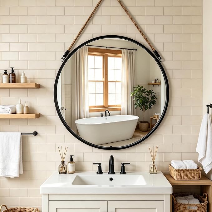 POZINO 24" Round Mirror with Black Frame, Hanging Mirror for Wall | Circle HD Mirror with Jute Rope, Anti-Rust, Farmhouse Decorative Wall Mirror for Entryway, Living Room, Fireplace, Bathroom