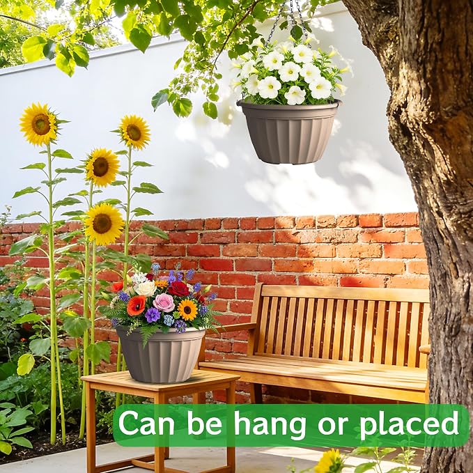 FGstyle 6 Pack Hanging Planters 8 Inch,Self Watering Pots for Indoor Plants,Plastic Hanging Basket with Soil Elevator and 20" Chain for Home Garden Porch Balcony Patio Decor(Beige)
