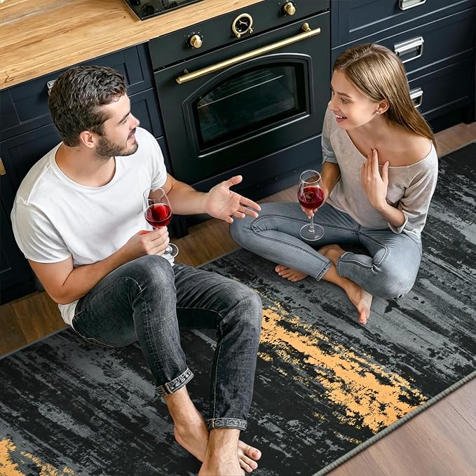 Toneed Washable 2x6 Non-Slip Abstract Runner Rug for Hallway Kitchen | Soft Modern Low Pile Area Rugs for Bedroom Laundry Living room,Indoor Carpet for Bedside Home Decor, Black