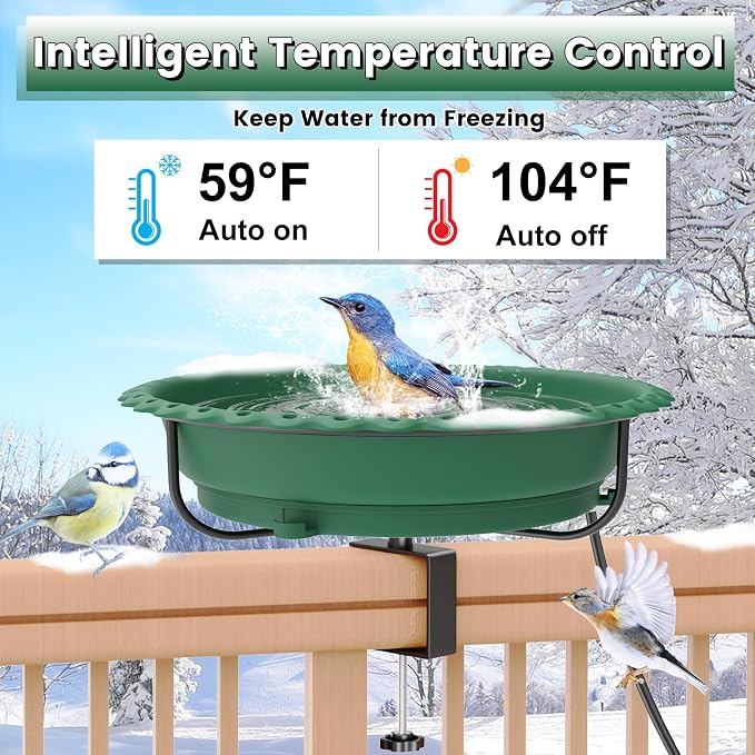 Heated Bird Bath for Outdoors, Upgraded 100W Thermostatically Controlled Heated Bird Baths for Deck Railing Large Capacity Heated Birdbath for Outside Winter Garden Yard Patio Lawn (Green)