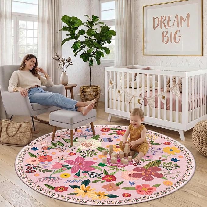 Latte&Fog 6ft Pink Round Area Rug for Girl Bedroom Washable Cute Circle Rug | Non Slip Low Pile Soft Floral Indoor Carpet for Living Room Kids Playroom Nursery Classroom Dorm Decor Dining Kitchen Office