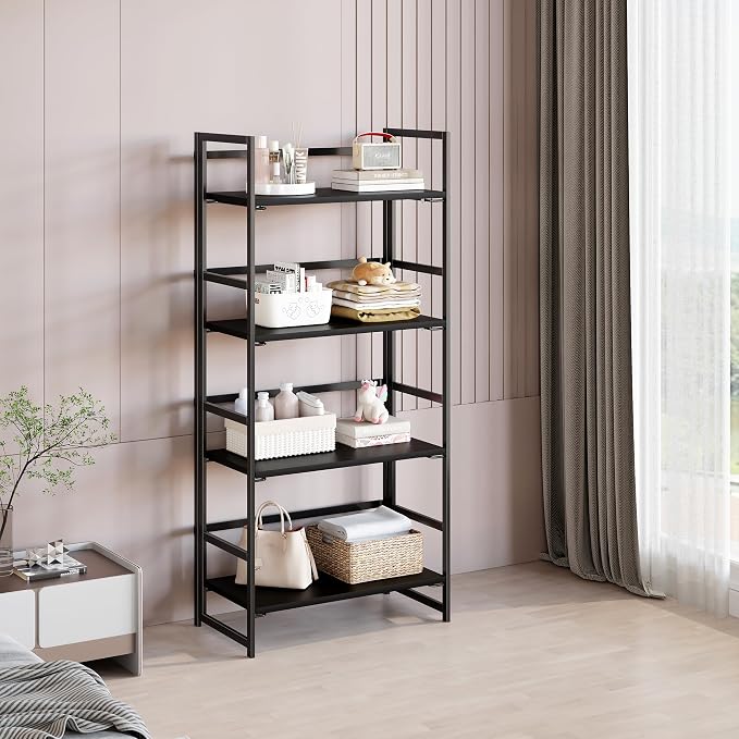 BHG Vintage Multifunctional Folding Bookshelf, No-Assembly Plant Stand Storage Rack Shelves for Home Office (All Black, 4-Tier)