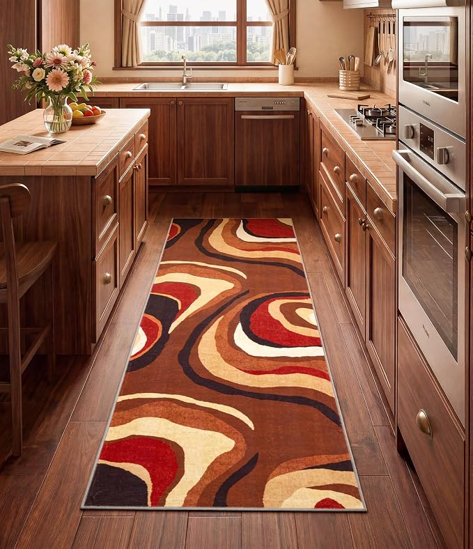Burnt Orange Runner Rug 2x6 for Hallway,Farmhouse Brown Retro Carpets Washable,Geometric Abstract Wavy Rug,Unique Colorful Rugs for Dining Room,Kitchen,Bedside Rugs