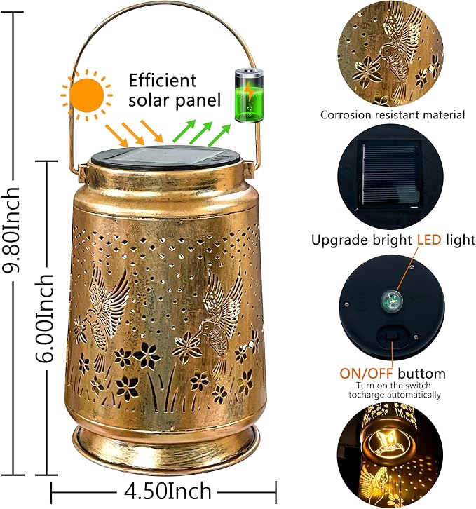 KY&BOSAM Retro Solar Lanterns Outdoor Waterproof Hummingbird Garden Decor | Premium Old Gold Color Metal Hanging Outside Solar Lights,Birthday Gifts for Women Mom Outside for Yard,Patio,Backyard,Porch