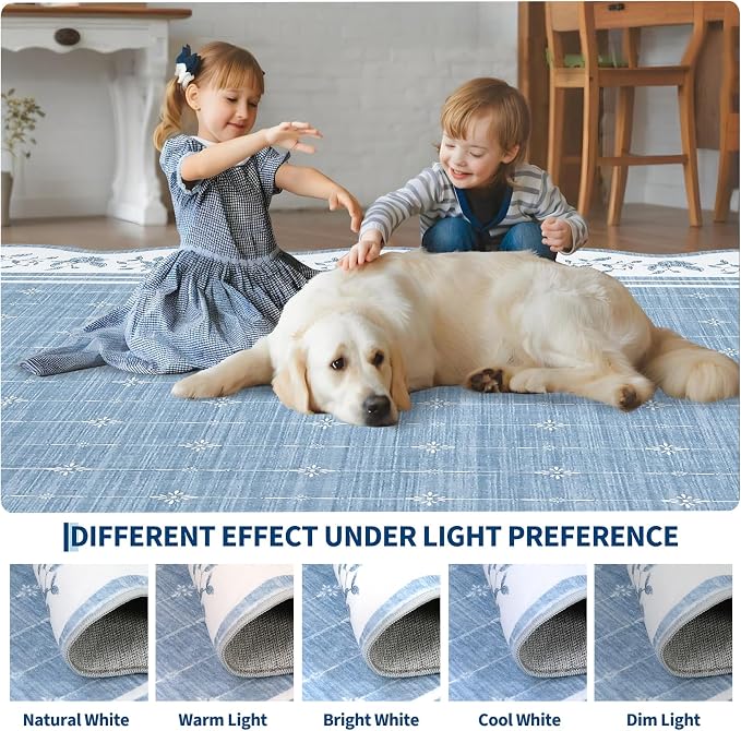 Garvee Scalloped Washable Rug 9x12 Rugs for Living Room Non Slip Blue | Neutral Nursery Rug Modern Bordered Floral Mat Indoor Soft Non-Shedding Accent Carpet for Bedroom Dining Room Kids Room Dorm