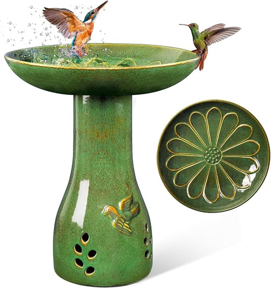 Ceramic Bird Bath for Outdoors, 21.5" Tall Heavy Duty Bird Bath, Outdoor Garden and Patio Décor - Green