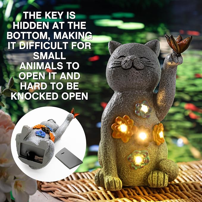Riakrum Cat Hide a Key Outside Figurine Key Hider with Solar Light Yard | Resin Waterproof Garden Statue, Hidden Spare Key Compartment, Solar Lights Glow at Night, Gift for Women Homeowners