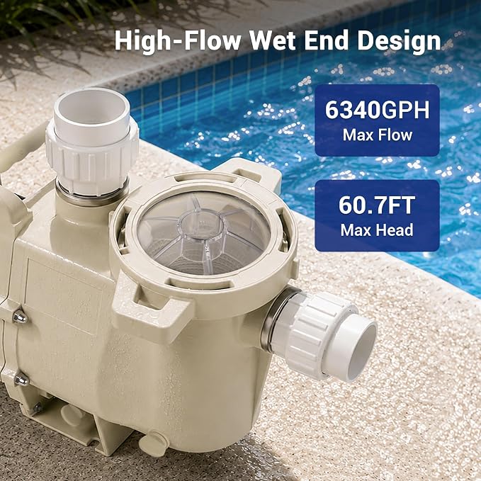 Pool Pump Inground 1HP, 6340 GPH High Flow Self Primming Swimming Pool Pump, 115V/230V, Low Noise, Powerful In/Above Ground Pool Pump with Filter Basket and 2"/1.5" Fittings