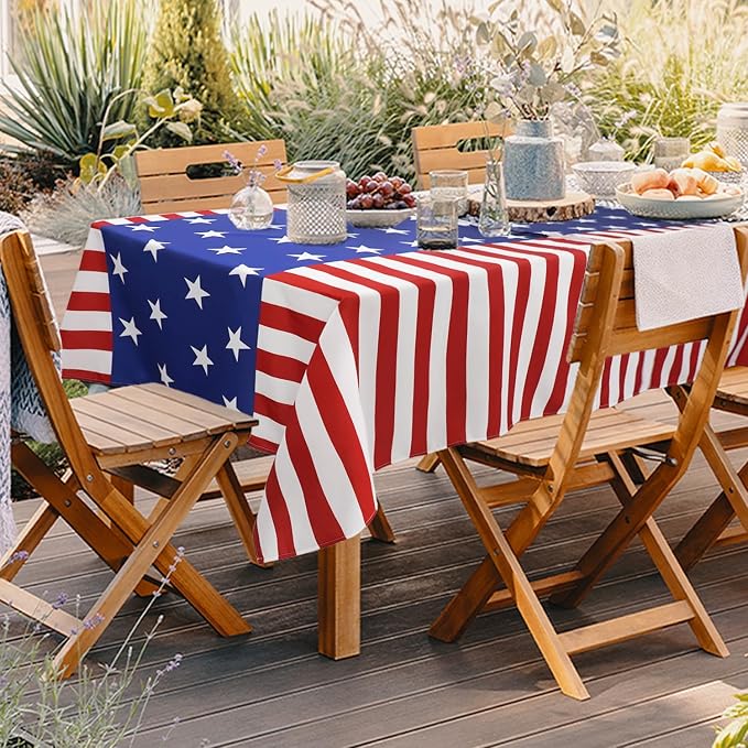Outdoor Tablecloth with Umbrella Hole 4th of July Decorations Patriotic Decor Waterproof Polyester Rectangle for Picnic, BBQ, Party 60 x 102 in