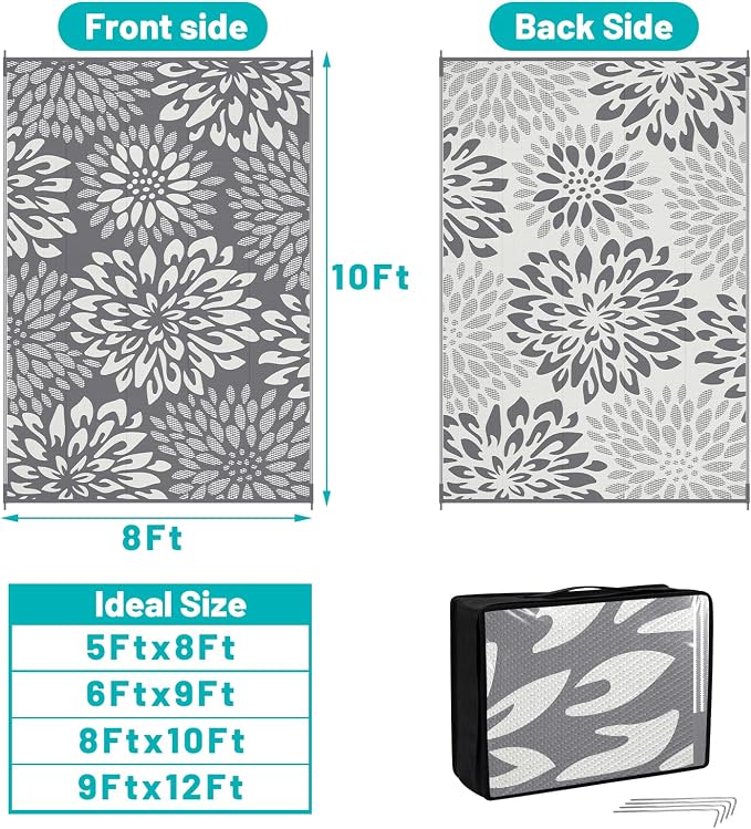 HEBE Waterproof Outdoor Rug 8x10 for Patios, Floral Reversible Plastic Straw Rug Patio Mat, Indoor Outdoor Carpet RV Mat Camping Rug for Deck, Camper, Porch, Balcony, Backyard, Picnic