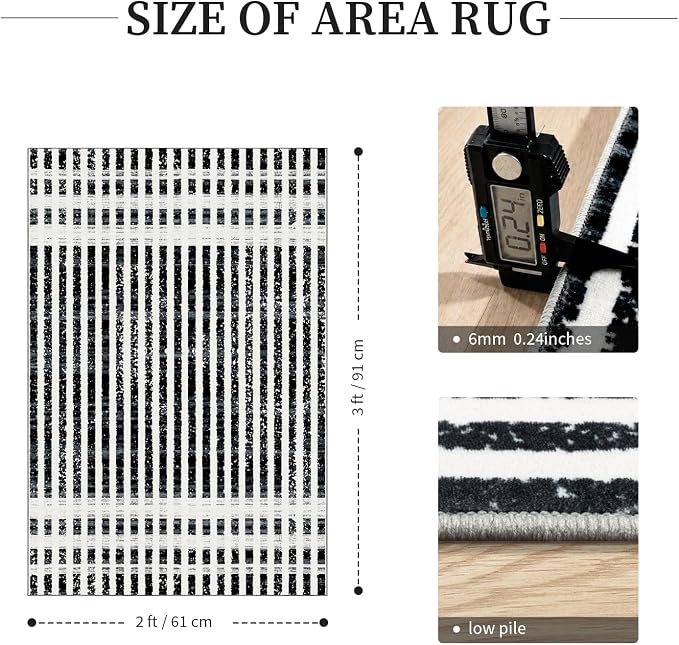 Washable 2x3 Modern Striped Area Rug, Abstract Small Throw Rug for Entryway | Black Beige, Soft Low Pile, Skin Friendly, Non-Slip for High Traffic, Entrance Vintage Braided Paid Style Home Decor