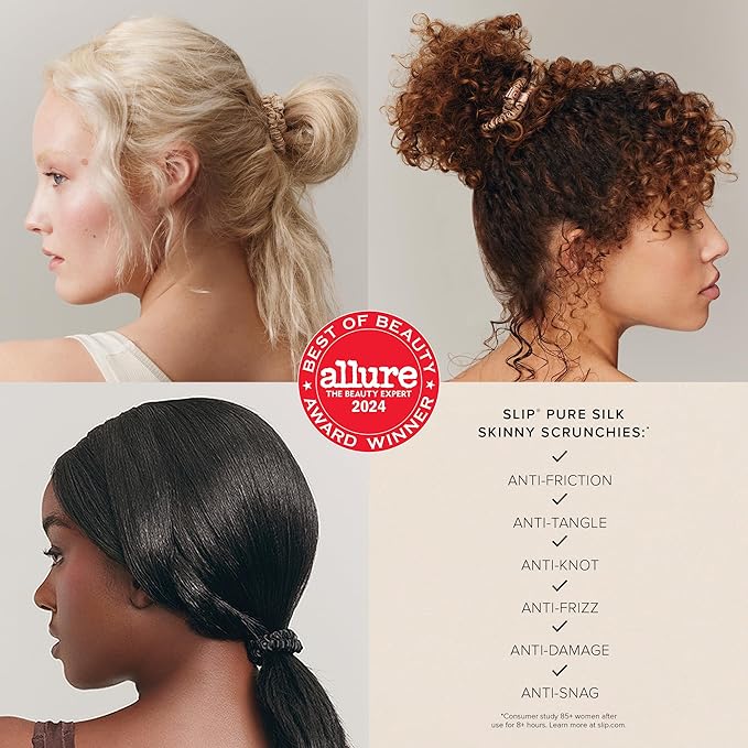 Slip Silk Hair Ties — Skinny Silk White Scrunchies, No Damage, No Crease, Anti-Breakage |100% Mulberry Silk | All Hair Types | Made with Proprietary Slipsilk™ | Set of 4