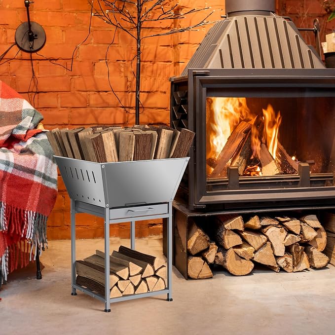 24" Fire Pit with Wood Storage, Fire Pits for Outside Wood Burning, Silver | Premium Stainless Steel, Low-Smoke Design, Removable Ash Tray, Heat-Proof Handles, for Grilling, Heating & Firewood Storage