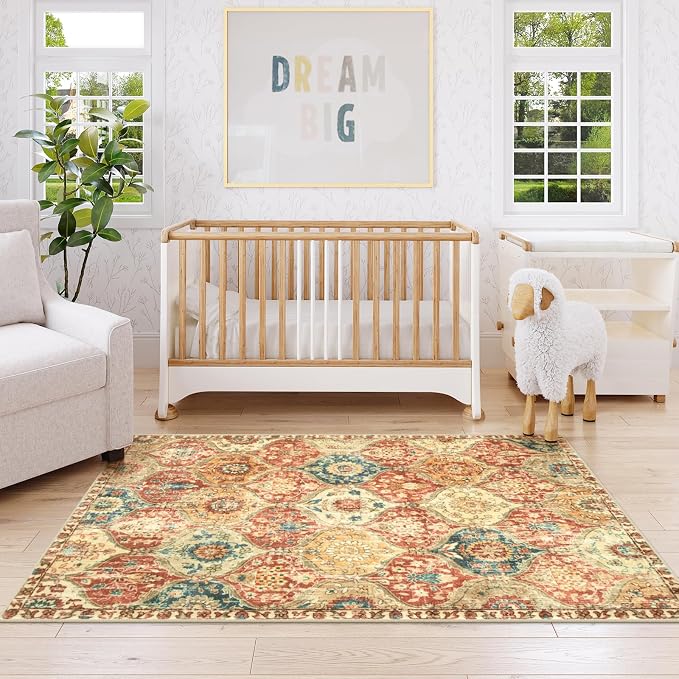 Lahome Moroccan Washable Rugs for Living Room, Soft 4x6 Rug for Bedroom | Non-Slip Vintage Trellis Ultra-Thin Throw Carpet for Dining Room Office Nursery Elise, Red/Orange