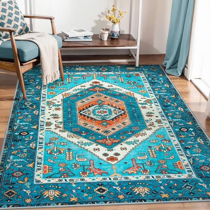 SERISSA 5x7 Washable Non Slip Boho Area Rug for Living Room，Blue | Ultra Soft Vintage Oriental Carpet Low-Pile Distressed Tribal Throw Carpet for Bedroom Dining Room Dorm Office Home Decor