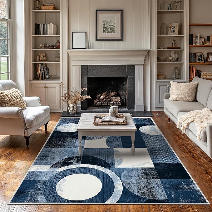 Boho Area Rug for Living Room Abstract Geometric 5x7 Entryway Rug Modern Blue Circles Rugs Non Slip Low Pile Machine Washable Floor Carpet for Indoor Bedroom Kitchen Dining Room Office