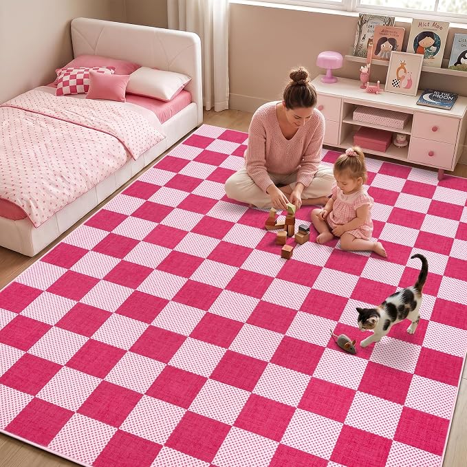 GarveeHome Checkered Hot Pink 3x5 Washable Girls Low-Pile Rug for Bedroom | Non-Slip Geometric Modern Small Hot Pink Soft Stain Resistant Boys Rug for Living Room Bathroom Entryway TPE Backing