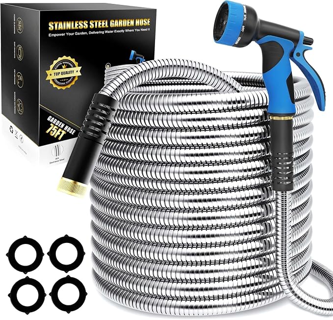 Lefree 75ft Metal Garden Hose - Heavy Duty 304 Stainless Steel Flexible Water Hose, No Kinks & Leak-Proof with Upgraded Handle, 10-Function Spray Nozzle for Yard, Garden, Pet Bath, Outdoor Cleaning