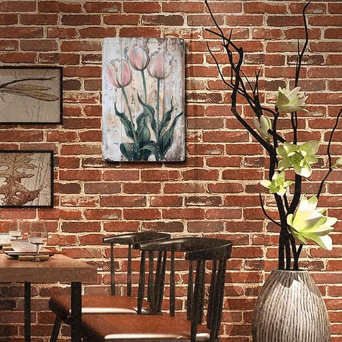 Metal Sign Tin Sign Vintage Wall Art Elegant Tulips Vintage Tin Sign for Rustic Home Decor Shabby Chic Style and Waterproof Aluminum S Gardening Decor Gift for Pub 6×8 Inches
