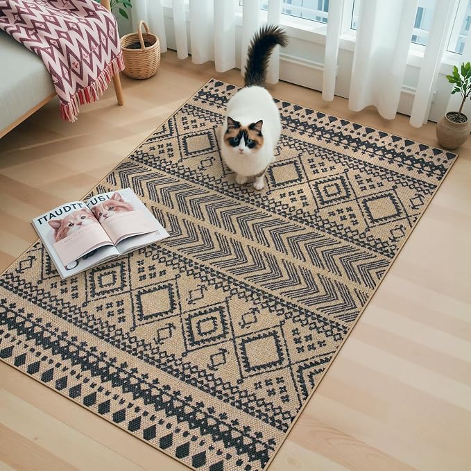 Lahome Boho 3x5 Entryway Front Porch Rug, Black Washable Outdoor Patio Rug | Distressed Print Geometric Low Pile Front Door Carpet for Front Door Balcony