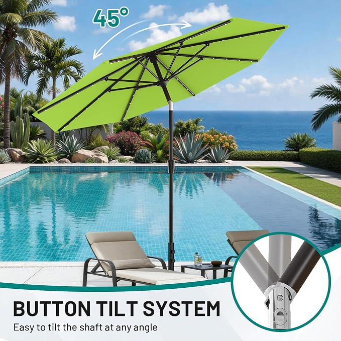AreShark 9FT Patio Umbrella with Solar Lights, 32 Lighted Pool Umbrella w/Tilt and Crank, Outdoor Market Solar Umbrellas for Garden, Deck, Backyard, Pool and Beach, Apple Green