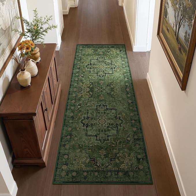 Dark Green Tranditional 2x6 Kitchen Runners Washable Non Slip, Low Pile Vintage Distressed Medallion Printed Carpet Runners for Hallway 6ft Indoor Entryway/Bedroom Bedside/Laundry Room/Bathroom