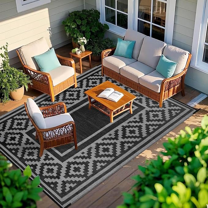 Outdoor Patio Plastic Straw Rug - 5x8 ft Outdoor Camping Rug Waterproof Reversible, Area Carpet Patios Clearance RV, Outside Porch Balcony Deck for Camper, Stripe Black Grey