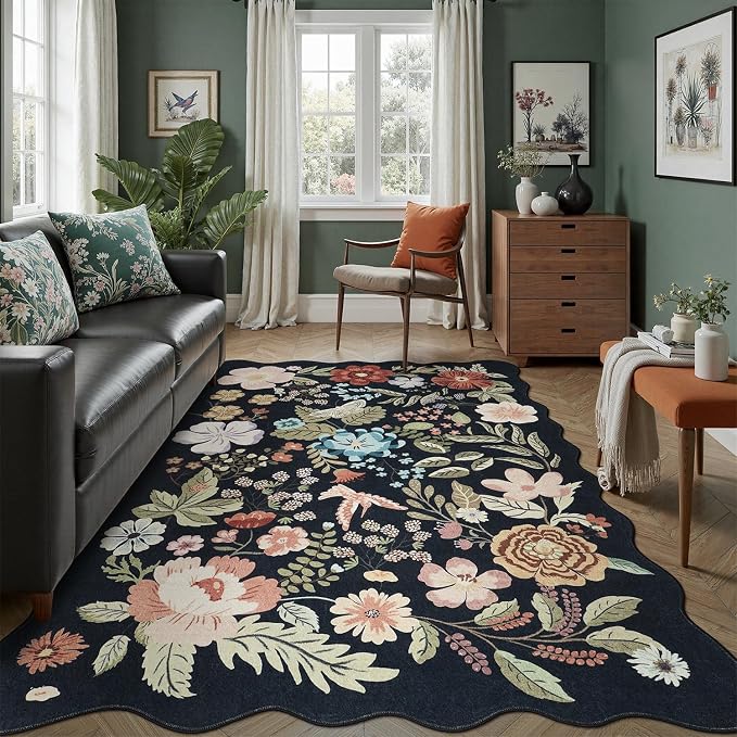 DCX Vintage Floral Washable Area Rug 8x10, Non Slip Low Pile Rug, Black | Rugs for bedroom, living room, dining room, office, soft, kid & pet friendly, sain resistant indoor carpet, home decor