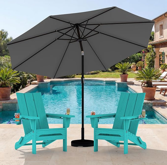 SERWALL Modern Folding Adirondack Chair Set with 9 Ft Umbrella, Folable Adirondack Chairs Set of 2 with Cup Holders, HDPE Fire Pit Chairs for Patio Lawn Garden, Teal (Umbrella Base is not Included)