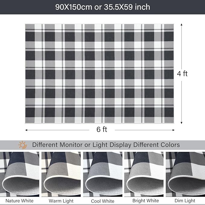 Checkered 4x6 Area Rugs, Jute Rug for Indoor Outdoor, Black/White | Washable Jute Area Rug With Non-Slip Backing, Low-Pile Texture, Farmhouse Geometric Pattern In Neutral White/Black, Durable