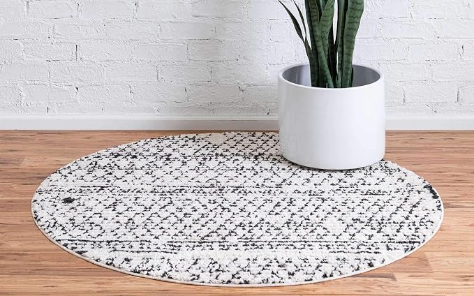 Unique Loom Morocco Collection Abstract Border, Diamond, Bohemian Area Rug (4' 0 x 4' 0 Round, Ivory/Black)