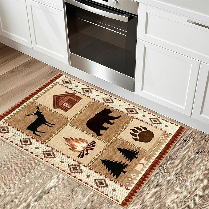 Cabin Bear Rustic Rug 2x3 for Entryway Lodge Deer Wildlife Country Area Rug Farmhouse Animal Western Door Mat Machine Washable Non-Slip Printed Low-Pile Carpet for Kitchen Bathroom Laundry Room