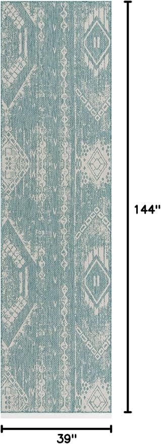 Unique Loom Outdoor Bohemian Collection Area Rug - Anthro (3' 3" x 12' Runner, Light Aqua/ Ivory)