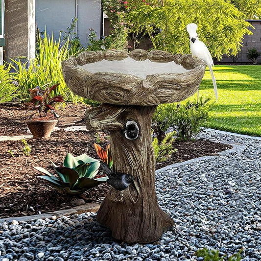 23" H Concrete Birdbath for Outdoor Garden with a Fake Bird Decor - Freestanding Trunk Like Bird Bath for Outside Garden Patio or Yard Decor