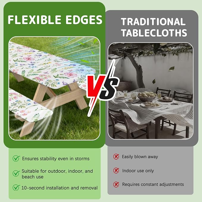 Picnic Table Cover with Bench Covers Elastic Edges, 3 Pcs Flower Fitted Table Cover with Drawstring Bag, Waterproof Windproof Aesthetic Camping Tablecloth, Outdoor Camping Essentials 72 Inch
