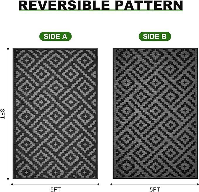 RURALITY Outdoor Rugs 5x8 Feet for Patios Clearance,Plastic Straw Waterproof Mats for Backyard,Porch,Deck,Balcony,Black&Deep Grey
