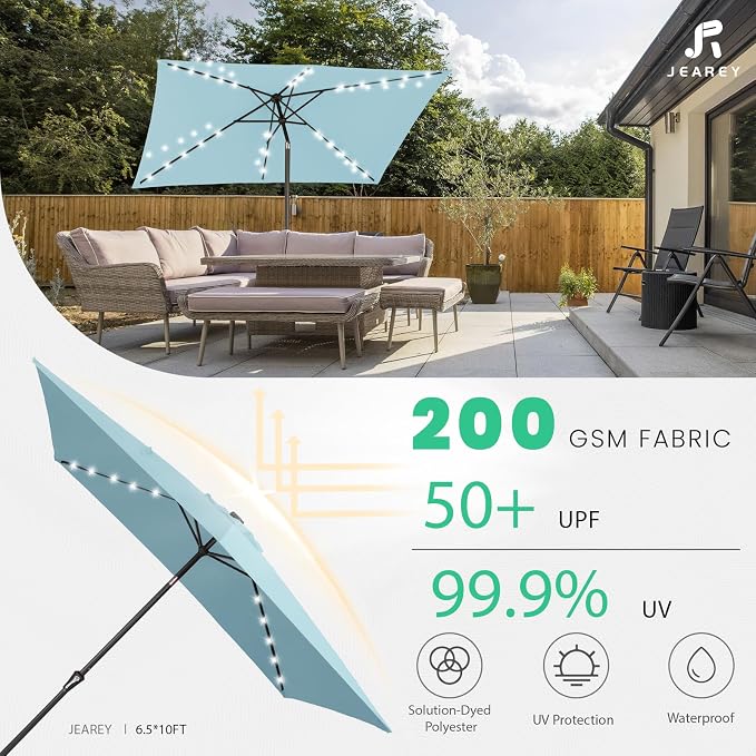 JEAREY 6.5x10 ft Rectangular LED Lighted Patio Umbrellas Outdoor Solar Table Market Umbrella w/Push Button Tilt/Crank, 6 Sturdy Ribs, UV Protection Waterproof Sunproof(Lake Blue)