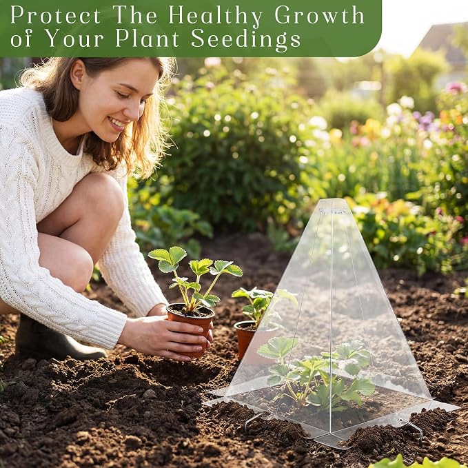 Yalikop 50 Pack Garden Cloches for Plants, Clear Plastic Plant Cloche Covers with 100 Stakes, Reusable Frost Protection Dome for Seedlings, Protect from Snails, Birds, Animals, 7.8" x 11"