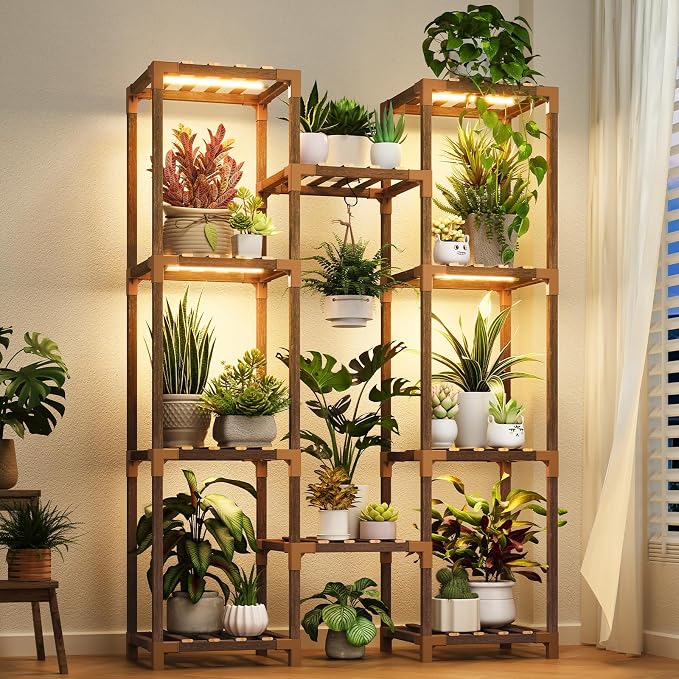 Uneedem Plant Stand with Grow Light - Large Plant Stand Indoor for Multiple Pots, 10 Tiered Plant Shelf Wood Plants Holder Rack for Living Room, Patio, Garden, Corner, Home Decor