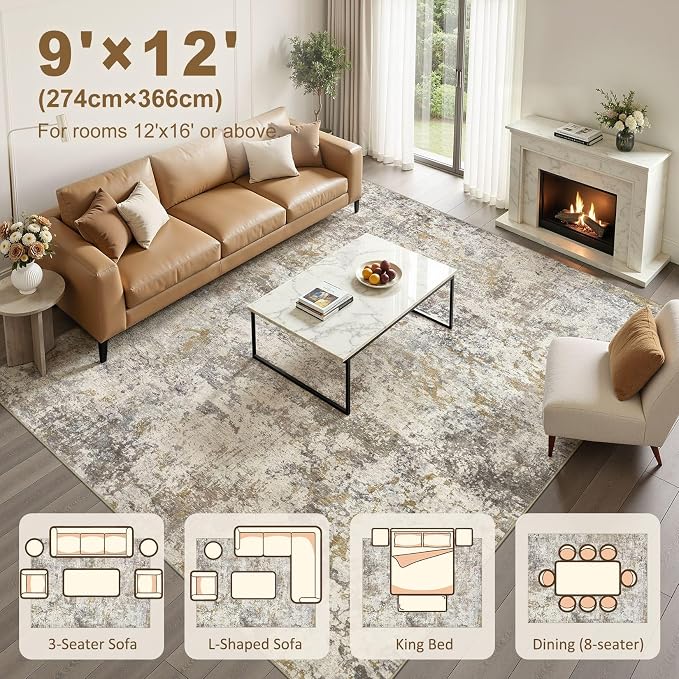 kakania Washable 9x12 Area Rug for Living Room: Abstract Modern Home Decor | Soft Stain Resistant, Low-Pile, Non-Slip, Pet & Kid Friendly, Thin Rug for Bedroom/Dining Room/Kids Dorm - Brown Gold
