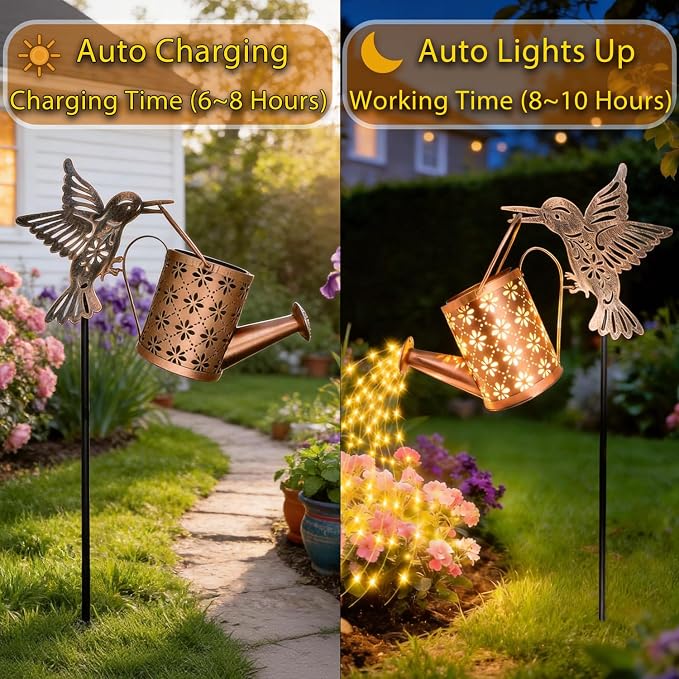Solar Watering Can with Cascading Lights Outdoor Garden Decor, Bronze Hummingbird Gardening Gifts for Women Mom Grandma Birthday, Solar Lights for Garden Decorations Patio Yard Lawn Backyard