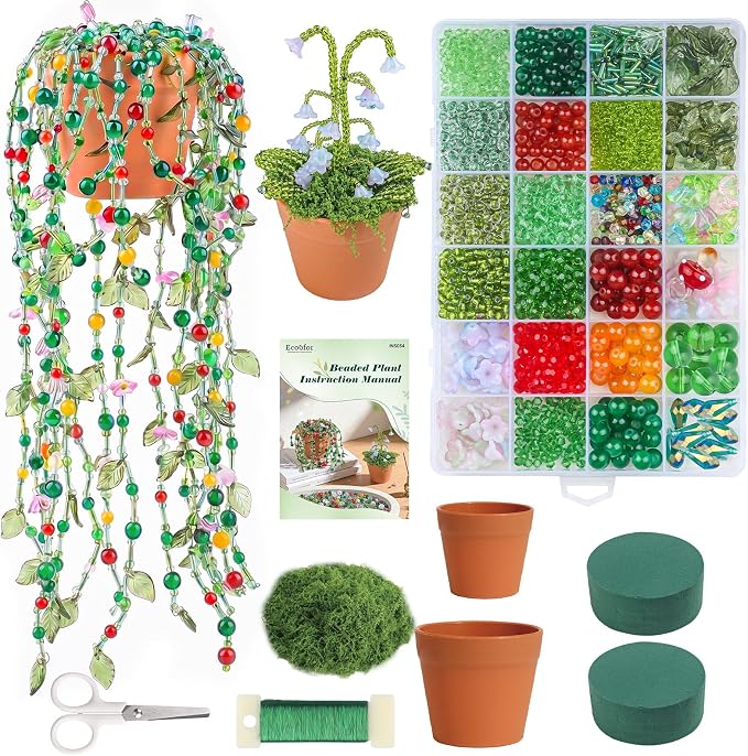 Ecoofor Green Beads Beaded Plant Kit DIY Plant Kit, Green Glass & Crystal Leaf Beads, Video Tutorials, Desk Gifts, Handmade Gifts for Plant Lovers