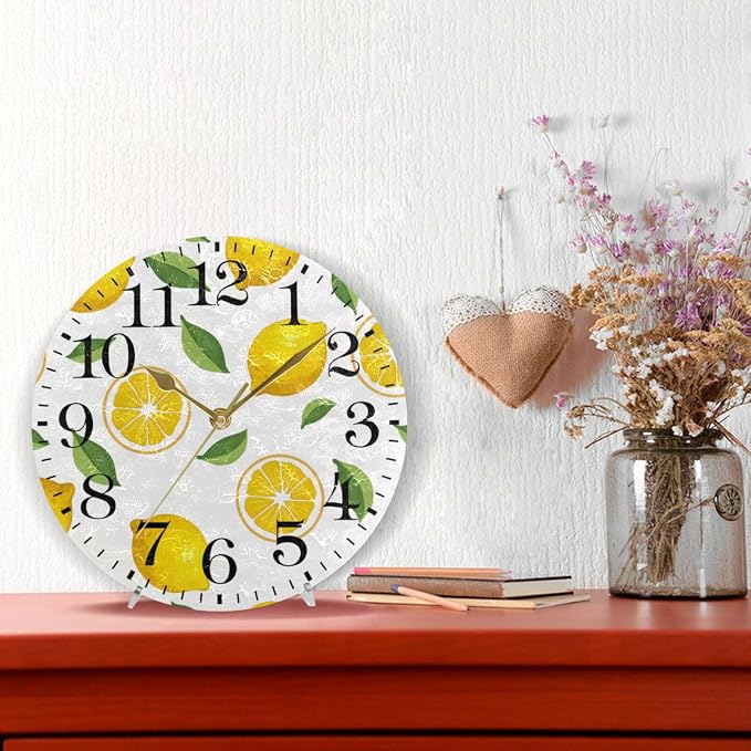 ALAZA Home Decor Summer Lemon Fruit Leaves 9.84 inch Round Acrylic Wall Clock Non Ticking Silent Clock Art for Living Room Kitchen Bedroom(Gold Pointer)