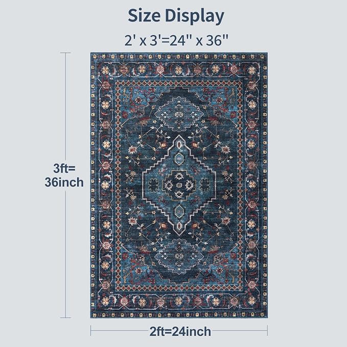 Tangsoo Oriental Blue Small 2x3 Washable Rugs, Vintage Non Slip Rug Carpet, Indoor Front Door Rug for Entryway, Door Mat Indoor Entrance Soft Low Pile Throw Rugs for Entry Kitchen Bedroom Home Decor