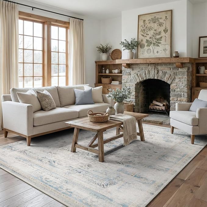 DCX Washable 9x12 Blue Rug, Stain Resistant Distressed Vintage Rug | Kid & Pet Friendly with Rubber Back Non Slip Soft Low Pile Large Carpet for Living Room, Bedroom, Home Office