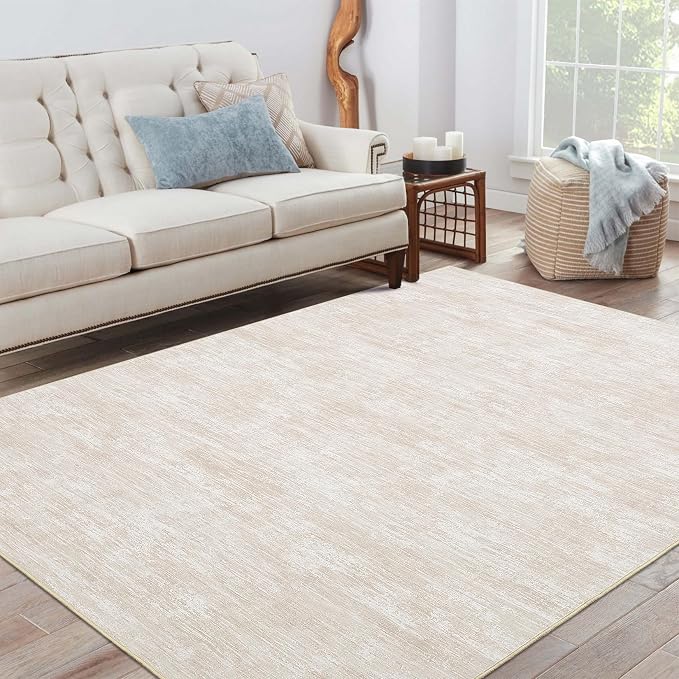 GarveeHome Washable Rugs 8x10 Area Rugs for Living Room, Modern Solid Color Rug with Non Slip Backing, Stain Resistant Low Pile Throw Carpet Non Shedding Soft Mats for Dining Room, Bedroom, Beige