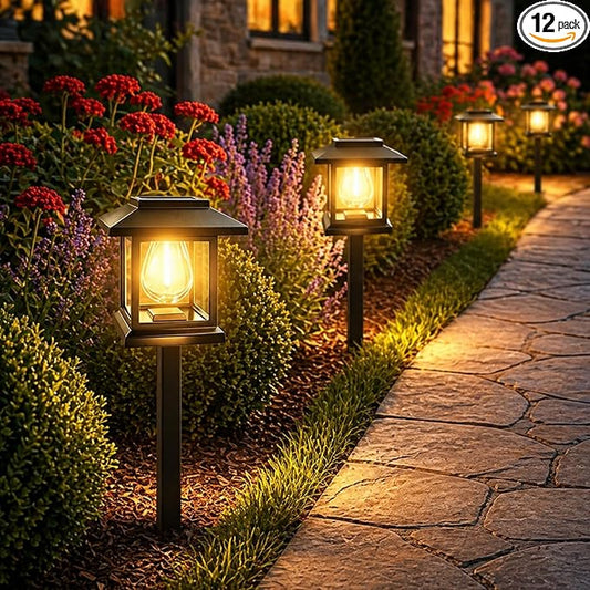 12-Pack Solar Pathway Lights - High-Efficiency Polycrystalline Panels for All-Night Glow - IP55 Waterproof Outdoor Landscape Lighting for Garden, Walkway & Driveway Security (Black)