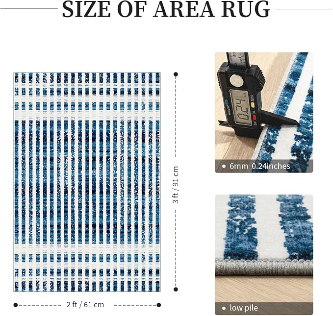 Washable 2x3 Modern Striped Area Rug, Abstract Small Throw Rug for Entryway | Beige Blue, Soft Low Pile, Skin Friendly, Non-Slip for High Traffic, Entrance Vintage Coastal Nautical Style Home Decor