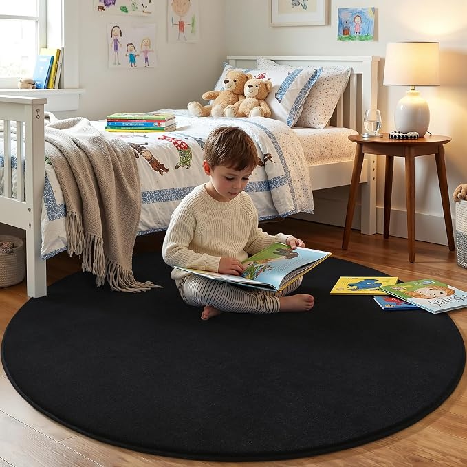 Amearea Black Round Area Rugs 6ft Circle Rugs for Bedroom Living Room | Washable Fluffy Indoor Thickened Memory Foam Rug, Non Slip Minimalist Circular Carpet for Boys Girls Dorm Nursery Room Decor